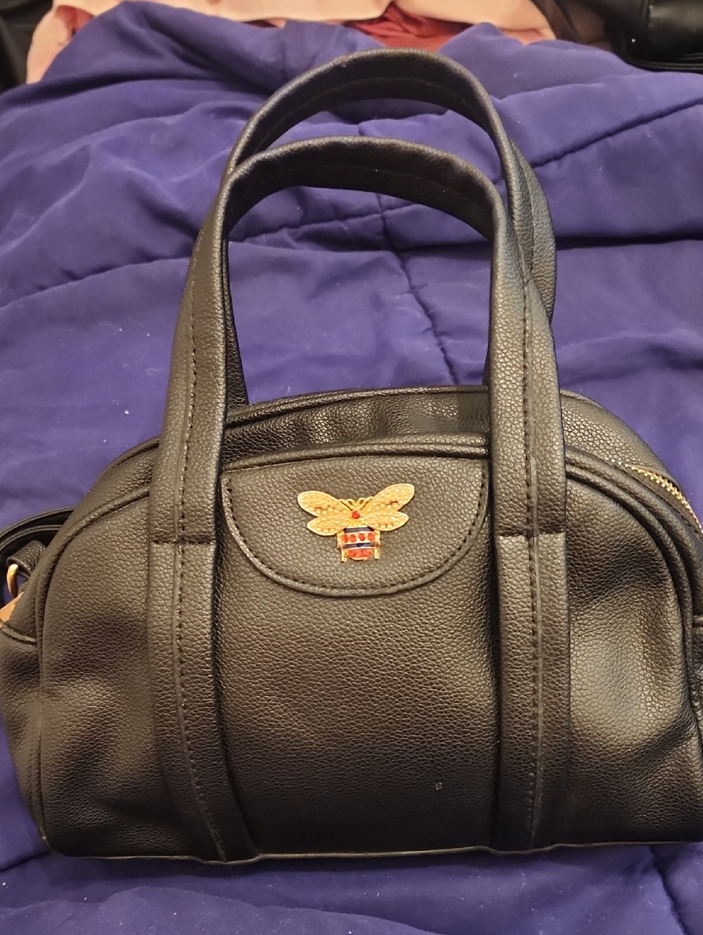 Black Pebbled Leather Satchel with Gold Bee Accent